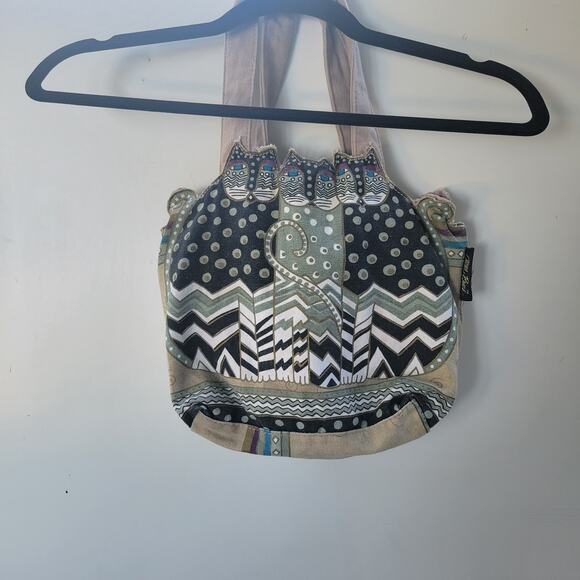 Laurel Burch 3 cat Canvas Tote shoulder Bag tan black white vintage 1990's Women - Picture 8 of 10